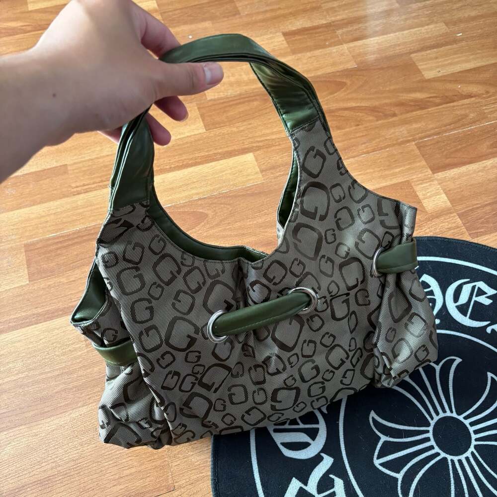 GUESS Y2K Olive Green and Tan Monogram Logo Shoulder Bag